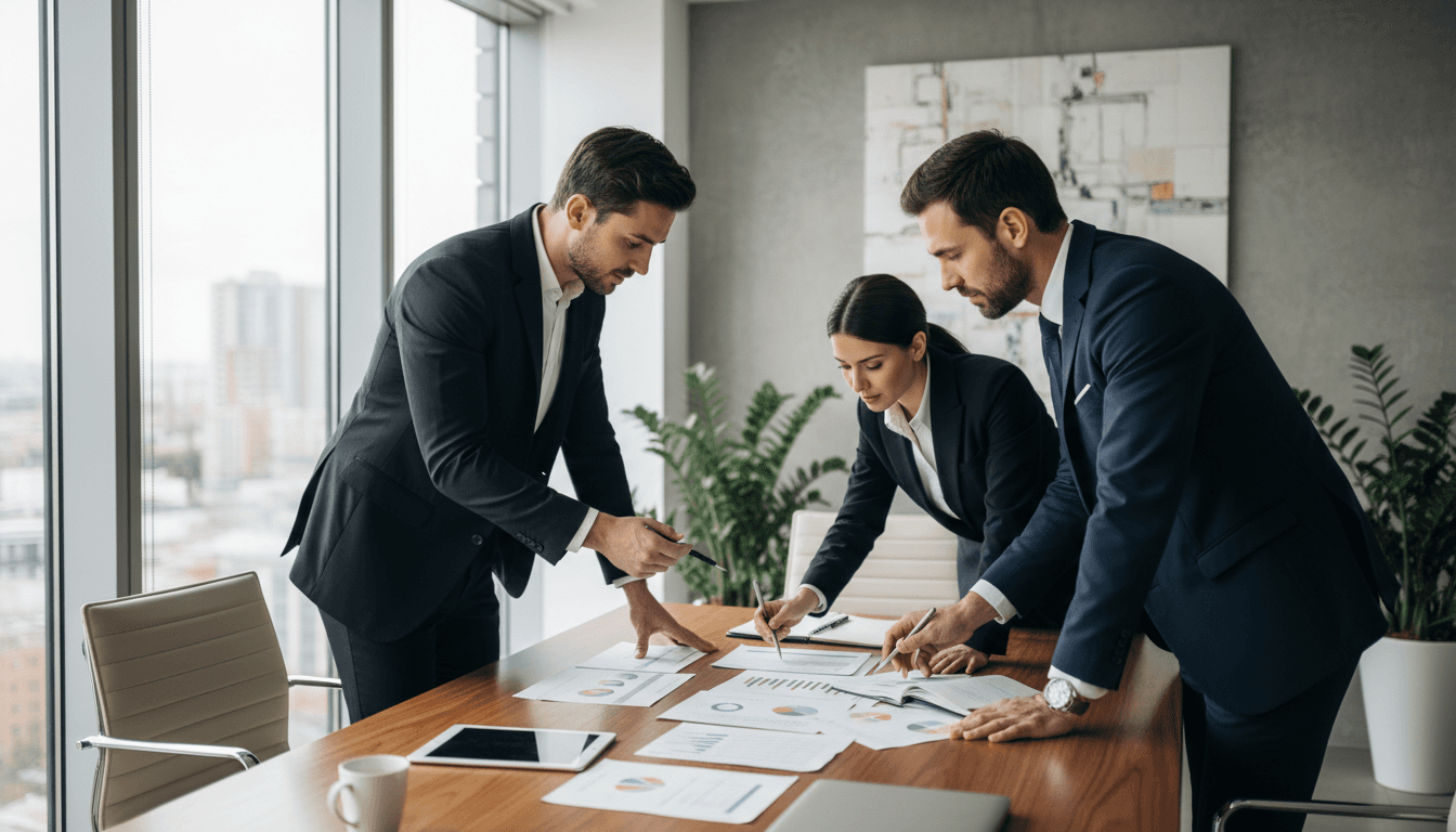 Two business professionals discussing strategy over documents in a bright modern office