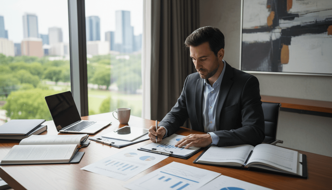 Professional reviewing investment documents at desk